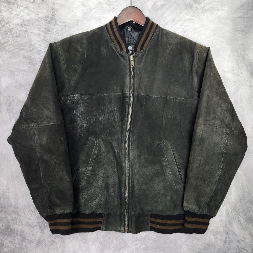 Vintage 90s Suede Leather Bomber Jacket Faded Black Varsity Striped Quilted S M
